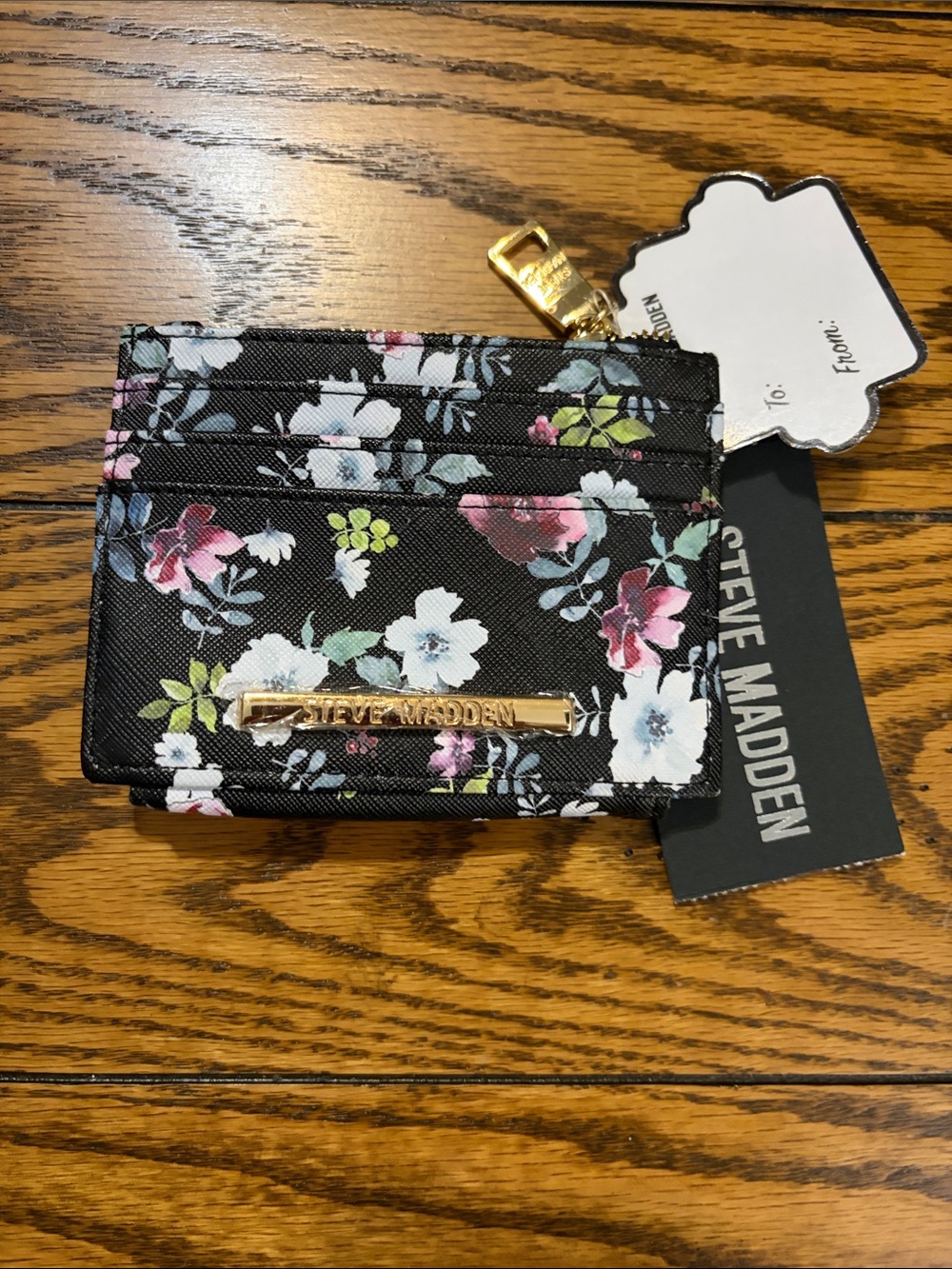 Steve Madden Black Floral Card Case with Gold Logo
